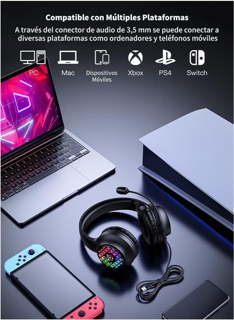 أونيكوما سماعة ألعاب احترافية X7 Pro بصوت ستيريو عالي الجودة، وميكروفون قابل للتعديل مع عزل للضوضاء، وإضاءة RGB، ومشغلات 40 مم، ومدخل 3.5 مم + USB للإضاءة، وتصميم مريح مع وسائد أذن ناعمة، ومتوافقة مع أجهزة الكمبيوتر الشخصية وبلاي ستيشن وإكس بوكس والهواتف المحمولة  - Image 3