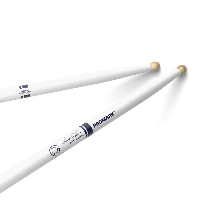 ProMark Drum Sticks  Scott Johnson Drumsticks  Drum Sticks Set  Wood Tip  Painted White Hickory Drumsticks  Consistent Weight and Pitch  1 Pair