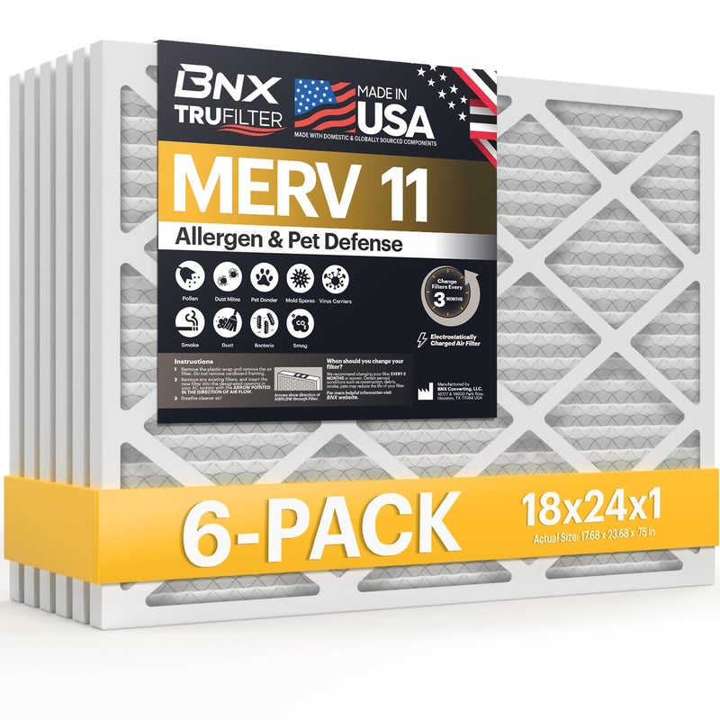 BNX TruFilter 18x24x1 Air Filter MERV 11 6Pack MADE IN USA Allergen Defense Electrostatic Pleated Air Conditioner HVAC AC Furnace Filters for Allergies Dust Pet Smoke Allergy MPR 1200 FPR 7