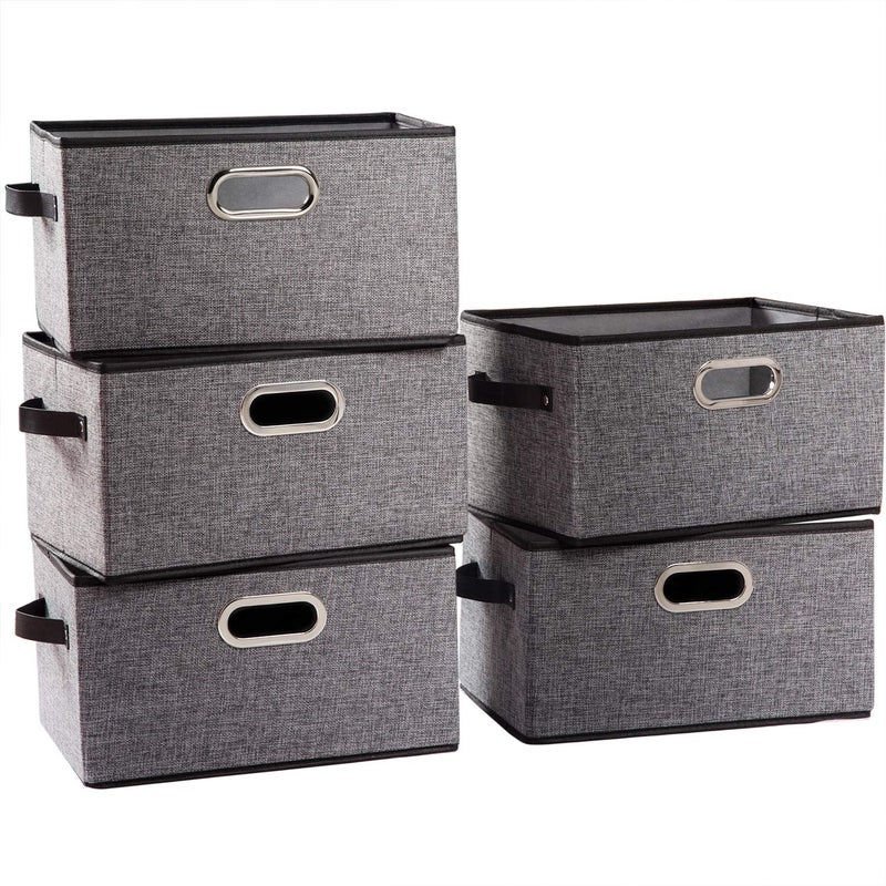 PRANDOM Large Collapsible Storage Baskets for Closet 5Pack Decorative Fabric Storage Bins Cubes with LeatherMetal Handles for Shelves Bedroom Living Room Grey 149x98x83 Inch