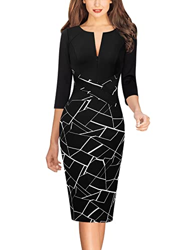 VFSHOW Womens Black and White Geometric Work Office Patchwork Slim Front Zipper Business Party Bodycon Pencil Sheath Dress 8033 BLK M - Image 1