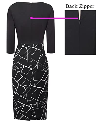 VFSHOW Womens Black and White Geometric Work Office Patchwork Slim Front Zipper Business Party Bodycon Pencil Sheath Dress 8033 BLK M - Image 5