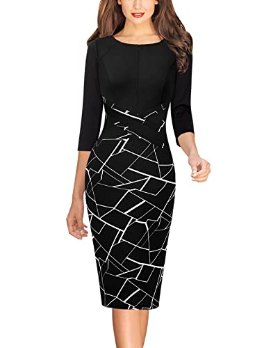 VFSHOW Womens Black and White Geometric Work Office Patchwork Slim Front Zipper Business Party Bodycon Pencil Sheath Dress 8033 BLK M - Image 2