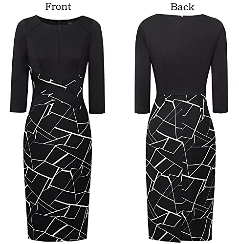 VFSHOW Womens Black and White Geometric Work Office Patchwork Slim Front Zipper Business Party Bodycon Pencil Sheath Dress 8033 BLK M - Image 4