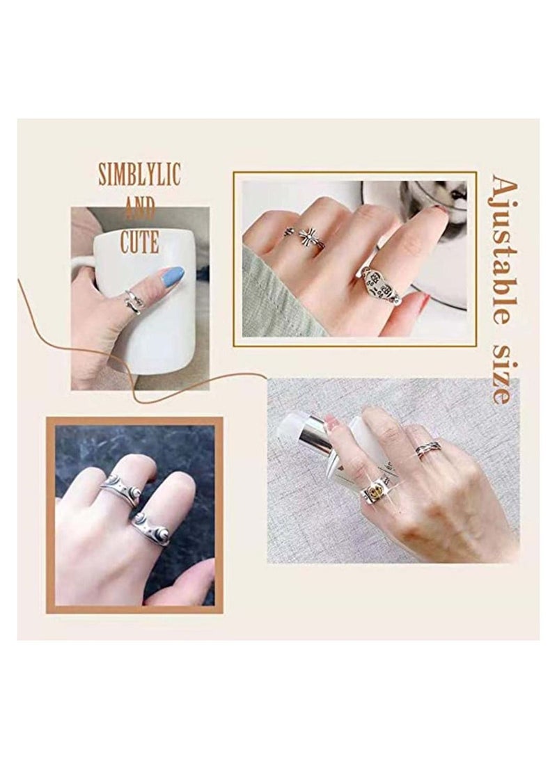 SYOSI 12 Pcs Silver Plated Frog Rings Set Cute Animal Open Pack Vintage Goth Hippie Matching and Stylish Snake Hug Cat Lucky Face for Couples Gift Women Men Girls - Image 2