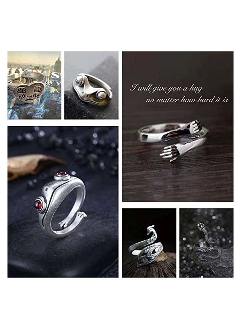 SYOSI 12 Pcs Silver Plated Frog Rings Set Cute Animal Open Pack Vintage Goth Hippie Matching and Stylish Snake Hug Cat Lucky Face for Couples Gift Women Men Girls - Image 3