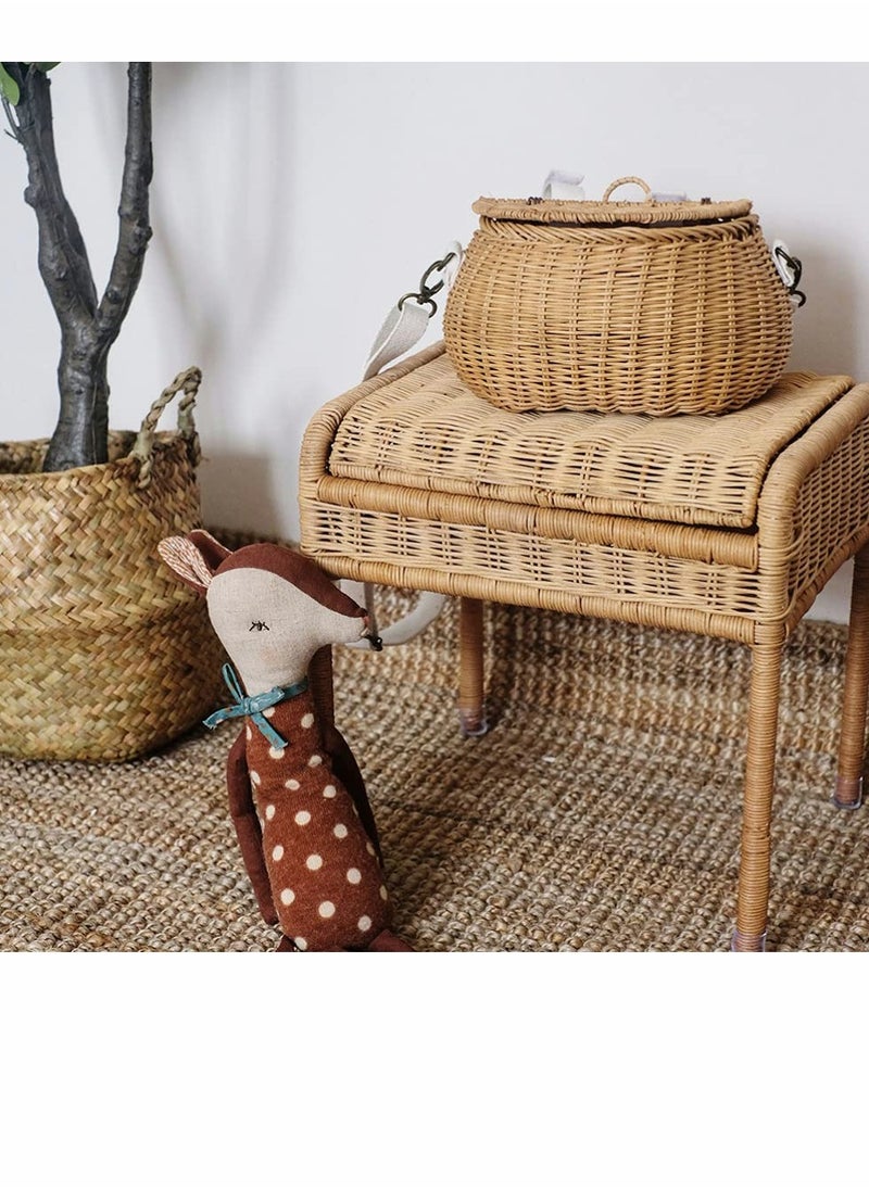 KASTWAVE Wicker Basket with Lid Front Handlebar Kids Rattan Bicycle Basket Wicker Small Backpack Scooter Front Basket Outdoor Picnic Bag Light Yellow  - Image 3