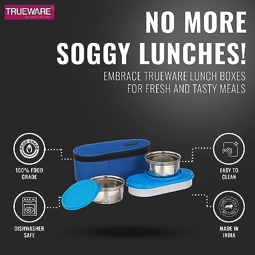 Trueware Elite Lunch Box | 2 Stainless steel Containers + 1 Chapati Container(PP)|2 Pc SS Container 300 Ml Each and 1 Chapati Container 500 Ml | Stainless-Steel Leak-Proof Containers | Blue | Light Weight | Dishwasher Safe | Easy to Carry | Leak Proof | Insulated Fabric Bag - Image 4