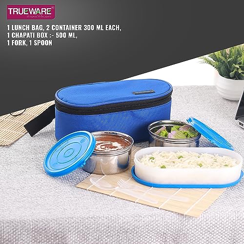Trueware Elite Lunch Box | 2 Stainless steel Containers + 1 Chapati Container(PP)|2 Pc SS Container 300 Ml Each and 1 Chapati Container 500 Ml | Stainless-Steel Leak-Proof Containers | Blue | Light Weight | Dishwasher Safe | Easy to Carry | Leak Proof | Insulated Fabric Bag - Image 5