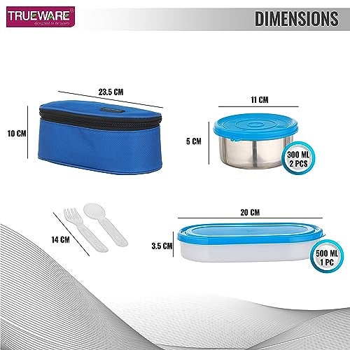 Trueware Elite Lunch Box | 2 Stainless steel Containers + 1 Chapati Container(PP)|2 Pc SS Container 300 Ml Each and 1 Chapati Container 500 Ml | Stainless-Steel Leak-Proof Containers | Blue | Light Weight | Dishwasher Safe | Easy to Carry | Leak Proof | Insulated Fabric Bag - Image 2