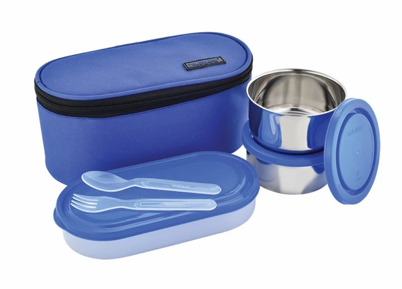 Trueware Elite Lunch Box | 2 Stainless steel Containers + 1 Chapati Container(PP)|2 Pc SS Container 300 Ml Each and 1 Chapati Container 500 Ml | Stainless-Steel Leak-Proof Containers | Blue | Light Weight | Dishwasher Safe | Easy to Carry | Leak Proof | Insulated Fabric Bag - Image 1