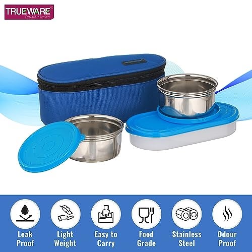 Trueware Elite Lunch Box | 2 Stainless steel Containers + 1 Chapati Container(PP)|2 Pc SS Container 300 Ml Each and 1 Chapati Container 500 Ml | Stainless-Steel Leak-Proof Containers | Blue | Light Weight | Dishwasher Safe | Easy to Carry | Leak Proof | Insulated Fabric Bag - Image 3