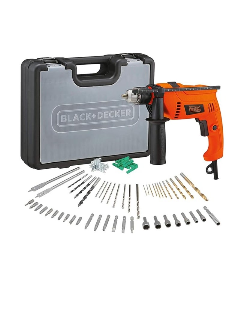 BLACK+DECKER BLACK+DECKER Corded Electric Hammer Percussion Drill, 650W, 13mm, Includes 50-Piece Accessory Bit Set, Kitbox, for Metal, Concrete & Wood Drilling, Easy Storage, Orange/Black - HD650KIT-B5 