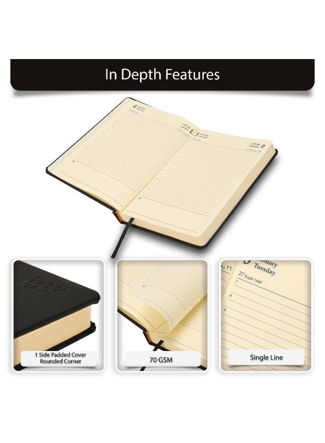 FIS 2027 A5 Diary, 148x210mm, 1 Side Padded Italian PU Cover Materials, Round Corners, 1 Day a Page Format, Arabic/English, 70gsm Italian Ivory Paper, Black Cover-FSDI19AE27BK - Image 2