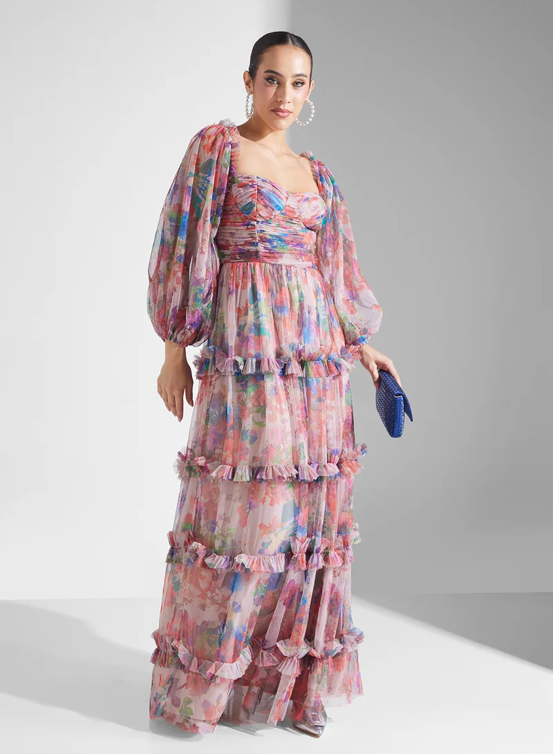Lace and Beads Floral Chiffon Dress