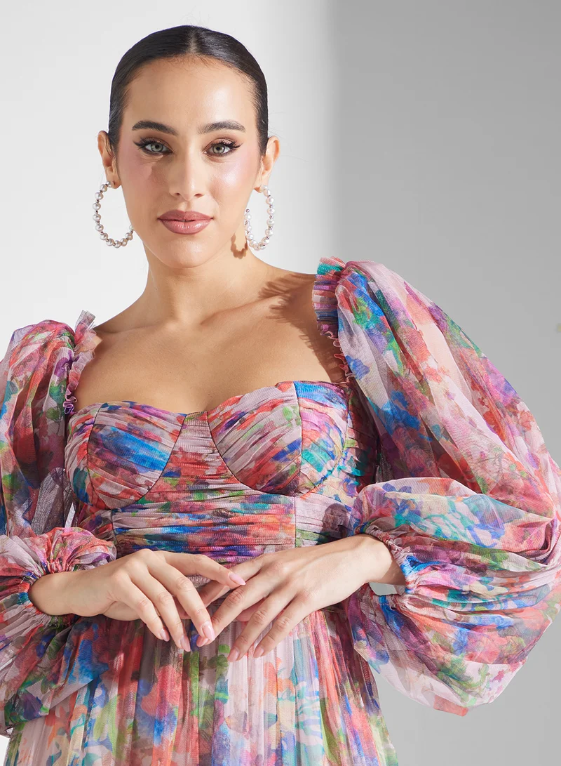 Lace and Beads Floral Chiffon Dress