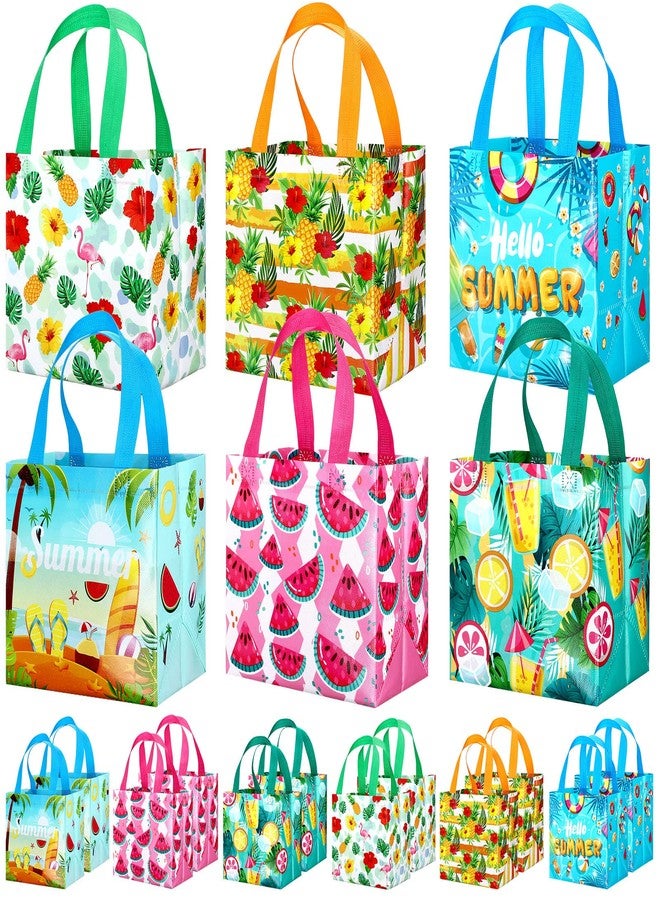 Woanger 32 Pcs Hawaii Gift Bags Bulk Summer Luau Party Favor Bags Beach Watermelon Pineapple Flamingo Theme Non Woven Tropical Goodies Bags with Handles for Hawaiian Pool Party Supplies - Image 1