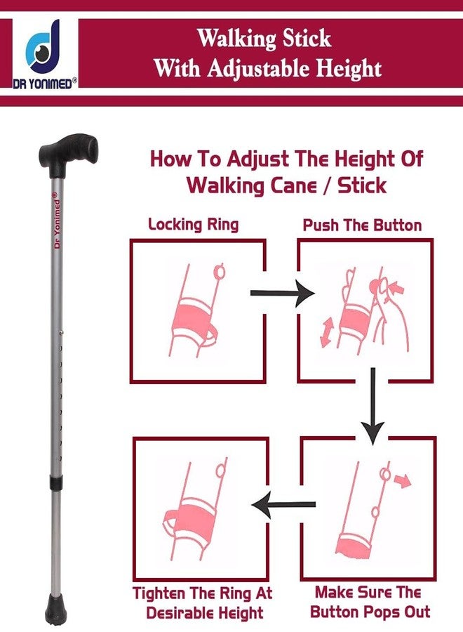Dr Yonimed Walking Stick Premium (Grey) Height Adjustable Single Leg L-Shaped (for Men/Women/Old People/Handicap Person) Made of Alloy Steel (Light Weight) - Image 4