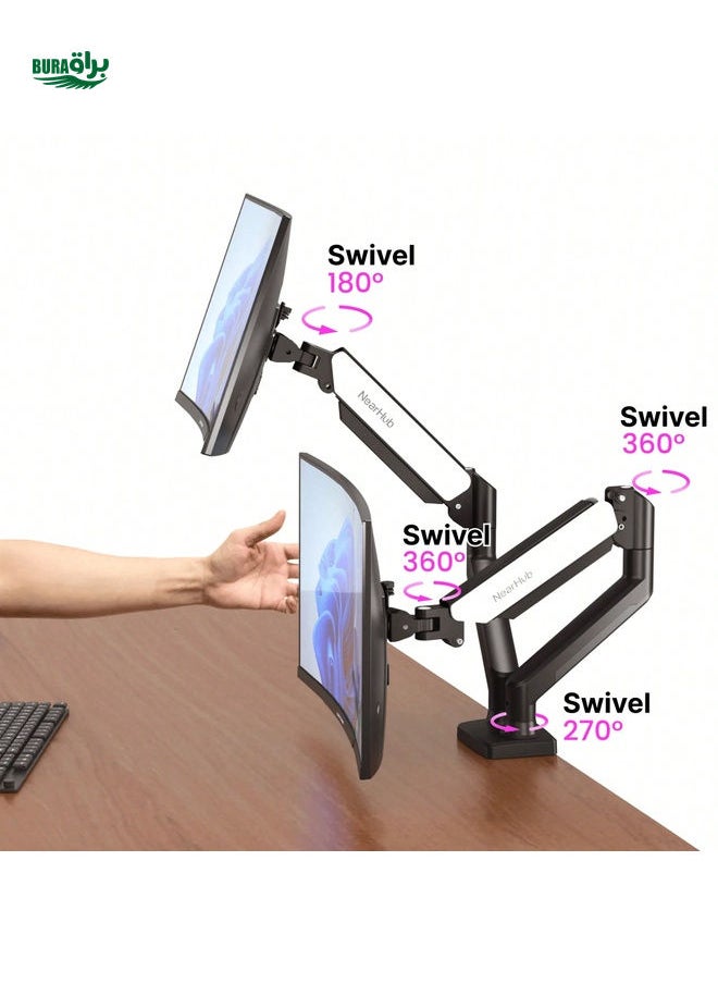 BURAQ Nearhub Nearhub MS-002 Monitor Arm Dual Arm With C-Clamp & Grommet Mount,Magic Arm + Super Clamp,Flexible Adjustment 180° Swivel, Tilt +90° To -45°, 360°Rotation Effortless Installation Monitor Arm  - Image 2