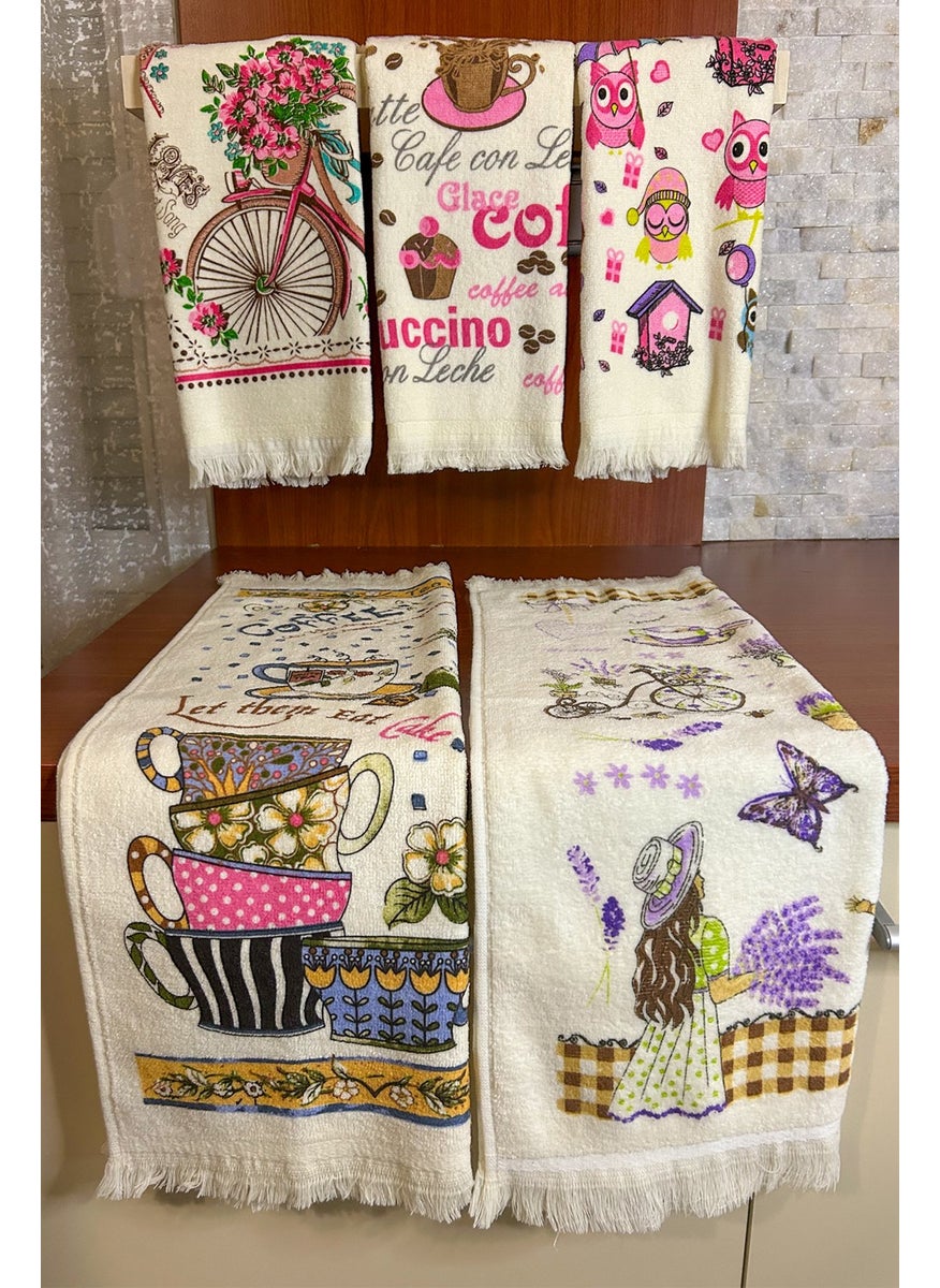 Cnr Garden 5 Piece Fringed Cotton 40x60 cm Cotton Printed Towel Set Hand Face Kitchen Towel Soft Patterned Water Absorbent Set  - Image 1