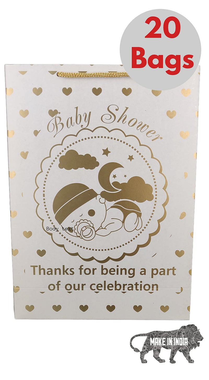Arrow Paper Products Golden Hearts Paper Gift Bags for Baby Shower Return Gift, Small Presents (White, 20.32 x 7.62 x 27.94 cm) Pack of 20 - Image 3