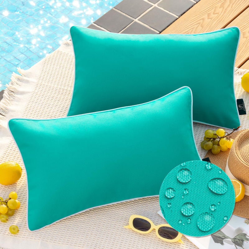 Phantoscope Pack of 2 Outdoor Waterproof Solid Throw Decorative Pillow Cover Decorative Square Outdoor Pillows Cushion Case Patio Pillows for Couch Tent Sunbrella Turquoise 12x20 inches 30x50 cm