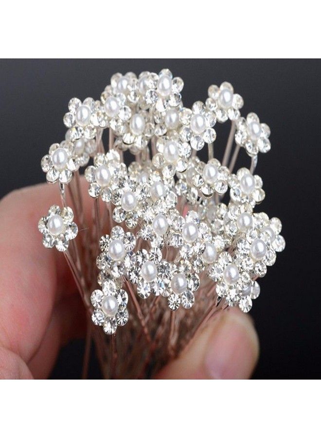 CGT Bridal Pearl Flower Clear Crystal Rhinestone Hair Pins For Women - Image 3