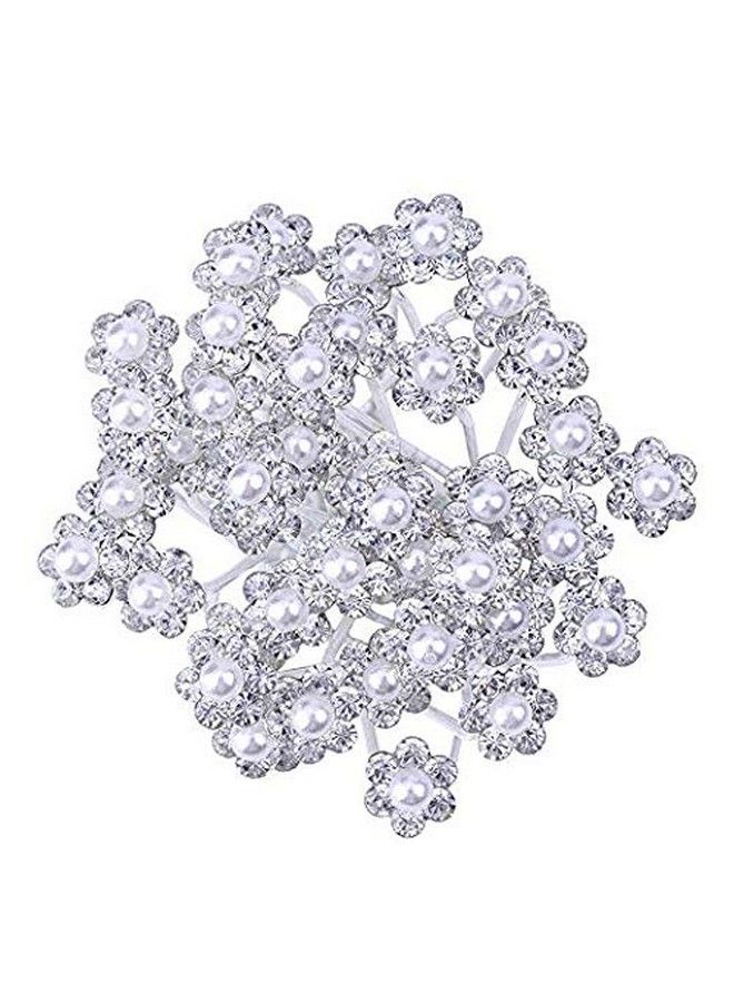 CGT Bridal Pearl Flower Clear Crystal Rhinestone Hair Pins For Women - Image 1