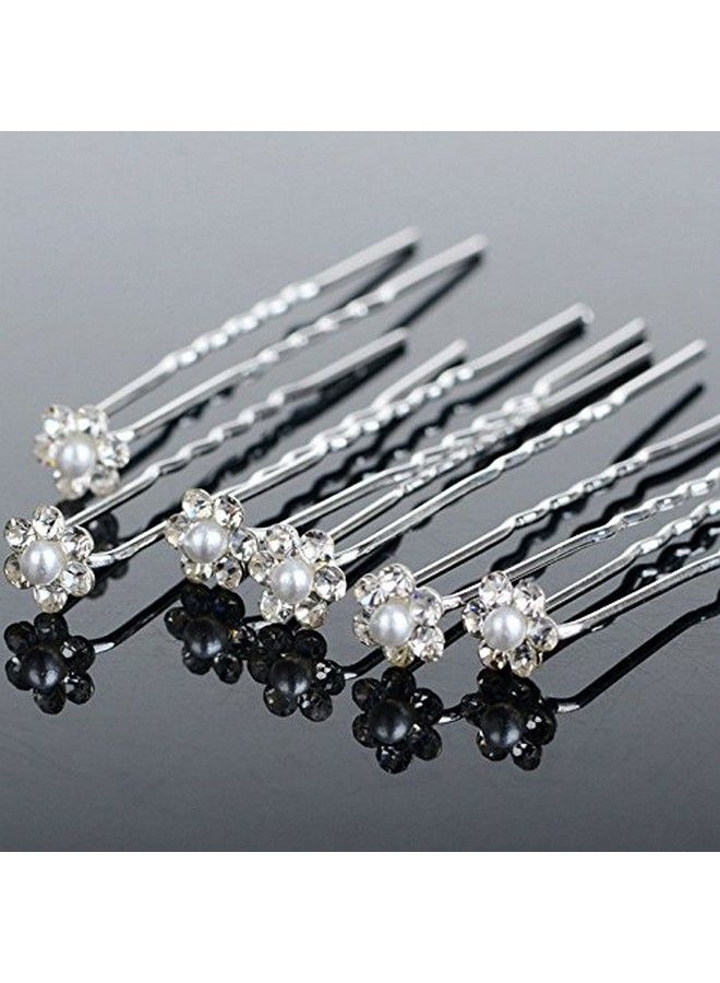 CGT Bridal Pearl Flower Clear Crystal Rhinestone Hair Pins For Women - Image 5