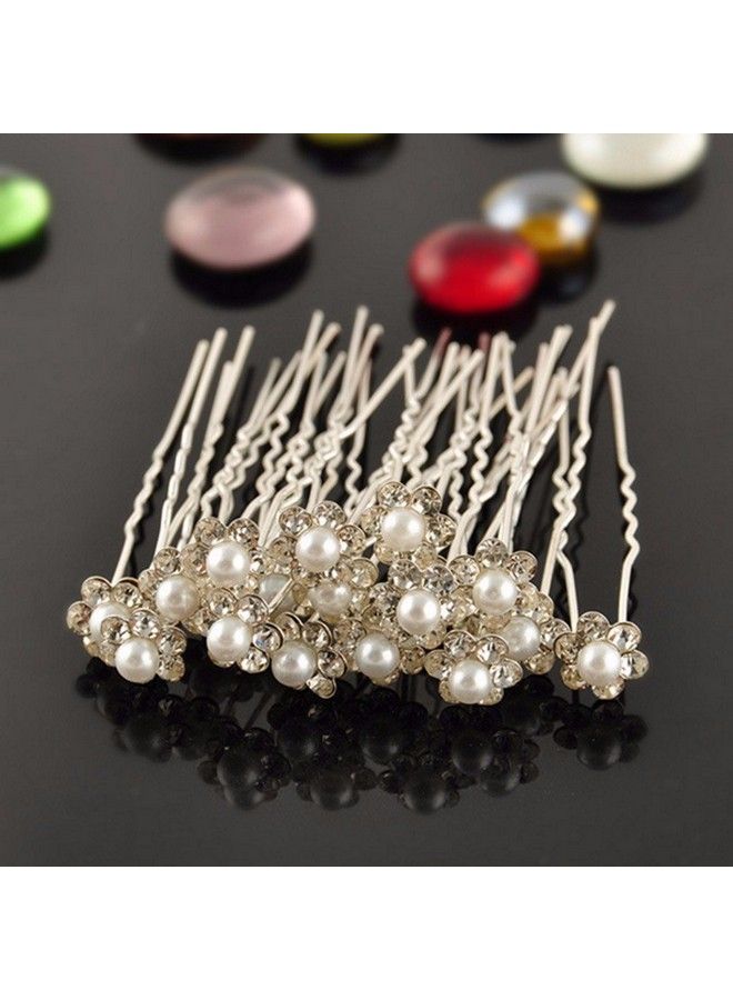CGT Bridal Pearl Flower Clear Crystal Rhinestone Hair Pins For Women - Image 4