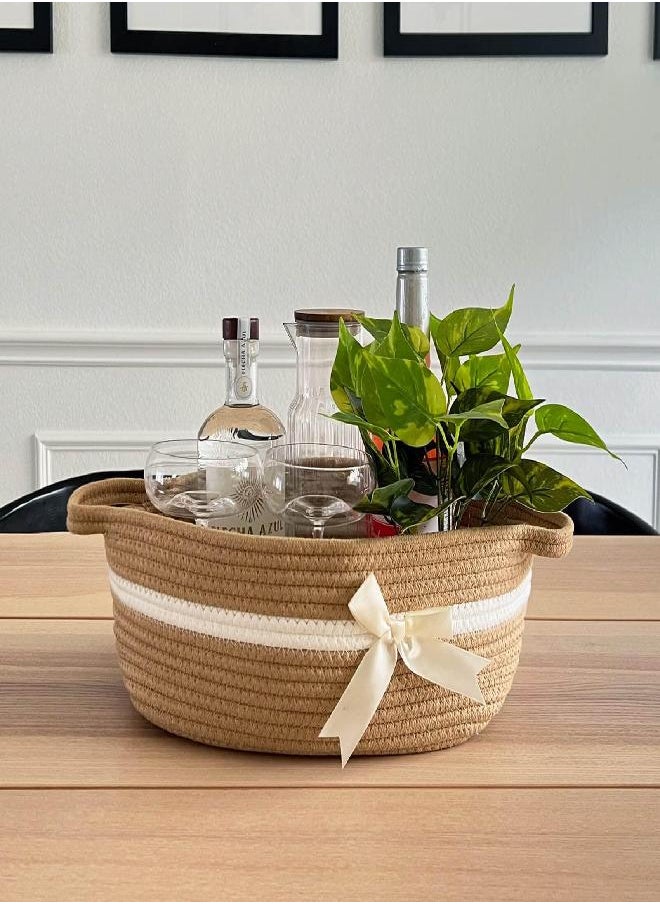 CHICVITA CHICVITA Small Woven Rope Gift Basket, Baby Nursery Storage Basket for Towels, Snacks, Toys, Diapers, Rectangle Shelf Basket for Bathroom, Cute Brown Basket, 13 x 9.8 x 4.9 inches  - Image 2