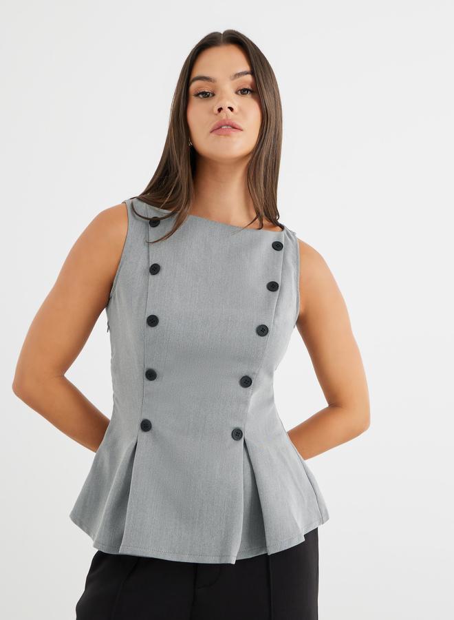 Styli Contrast Double Breasted Button Detail Peplum Top - Image 1