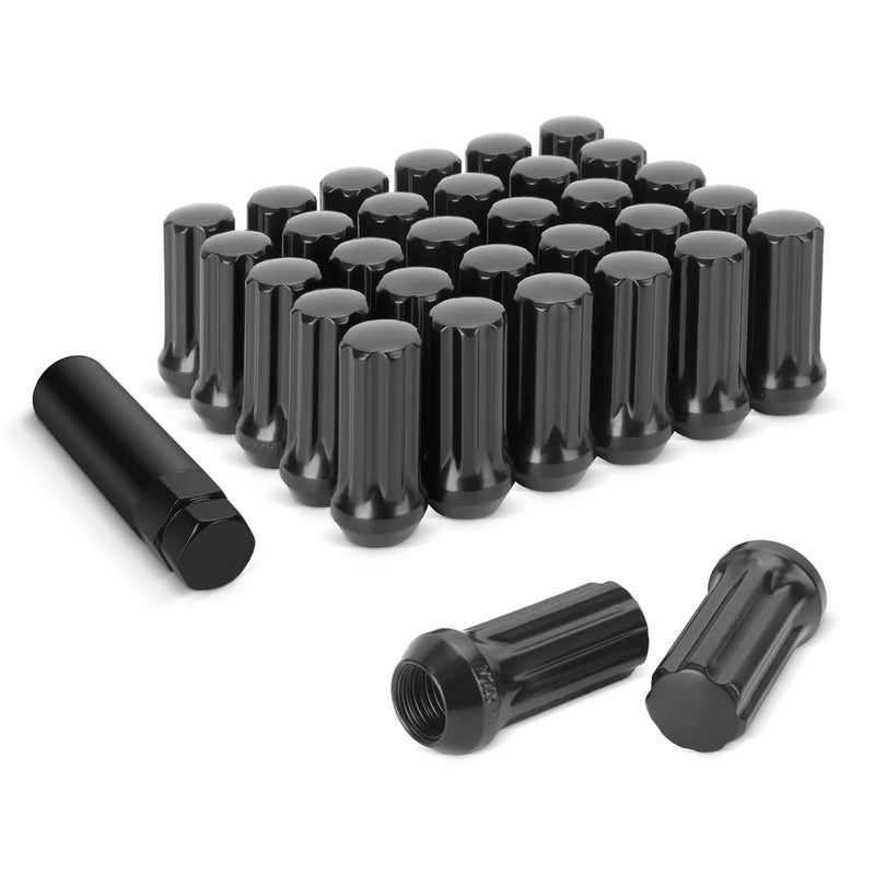 dynofit Store 14mmx1.5 Wheel Lug Nuts, 32x Black M14x1.5 Lug Nut,Conical/Cone Bulge Seat, Closed End Long Extended XL Spline with 1 Socket Key Fits 8 Lug Aftermarket Wheels - Image 1