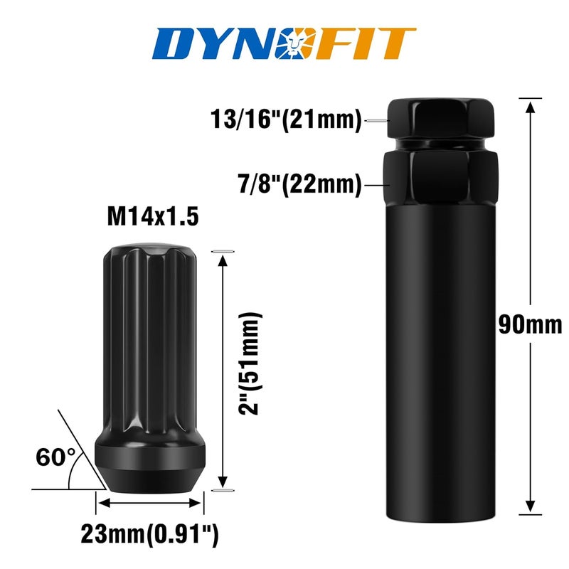 dynofit Store 14mmx1.5 Wheel Lug Nuts, 32x Black M14x1.5 Lug Nut,Conical/Cone Bulge Seat, Closed End Long Extended XL Spline with 1 Socket Key Fits 8 Lug Aftermarket Wheels - Image 2