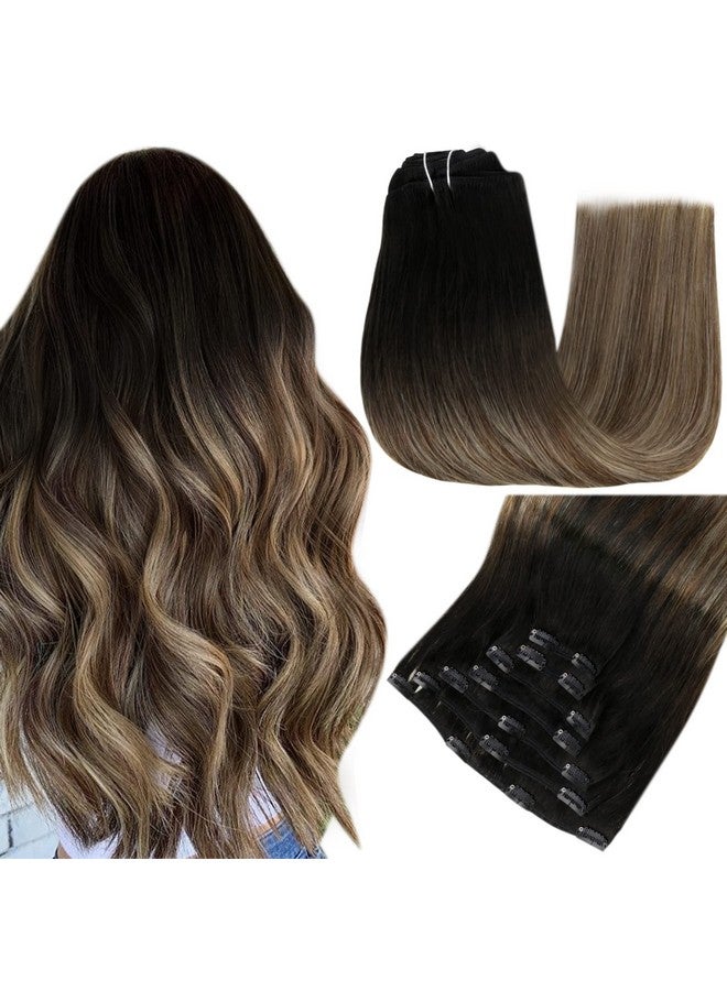 Easyouth 18 Inch Clip In Extensions Human Hair Natural Straight Clip In Extensions Ombre Black Fading To Brown With Caramel Blonde Balayage Clip In Real Human Hair Extensions 120G/7Pcs - Image 1