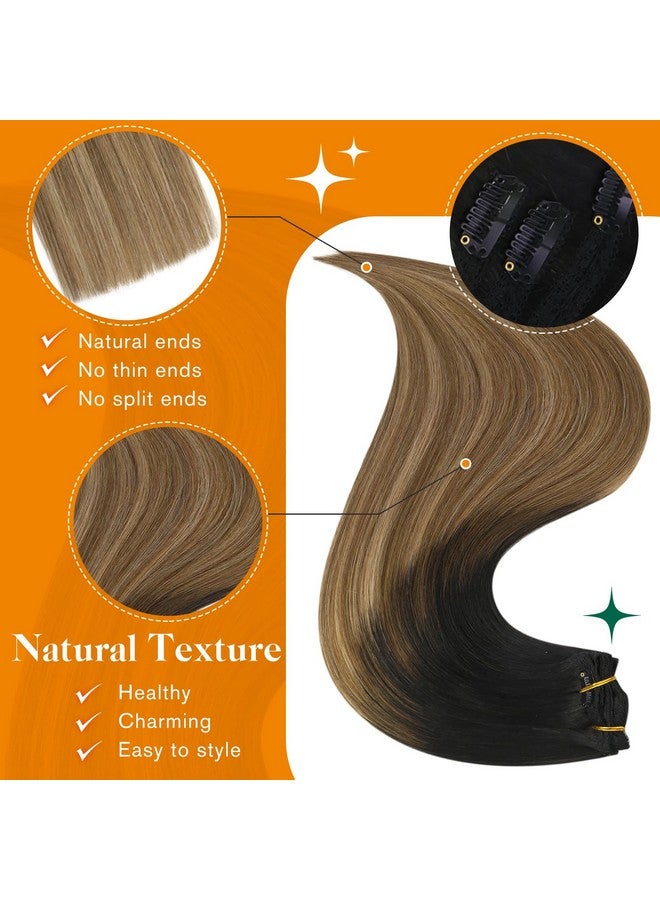 Easyouth 18 Inch Clip In Extensions Human Hair Natural Straight Clip In Extensions Ombre Black Fading To Brown With Caramel Blonde Balayage Clip In Real Human Hair Extensions 120G/7Pcs - Image 4