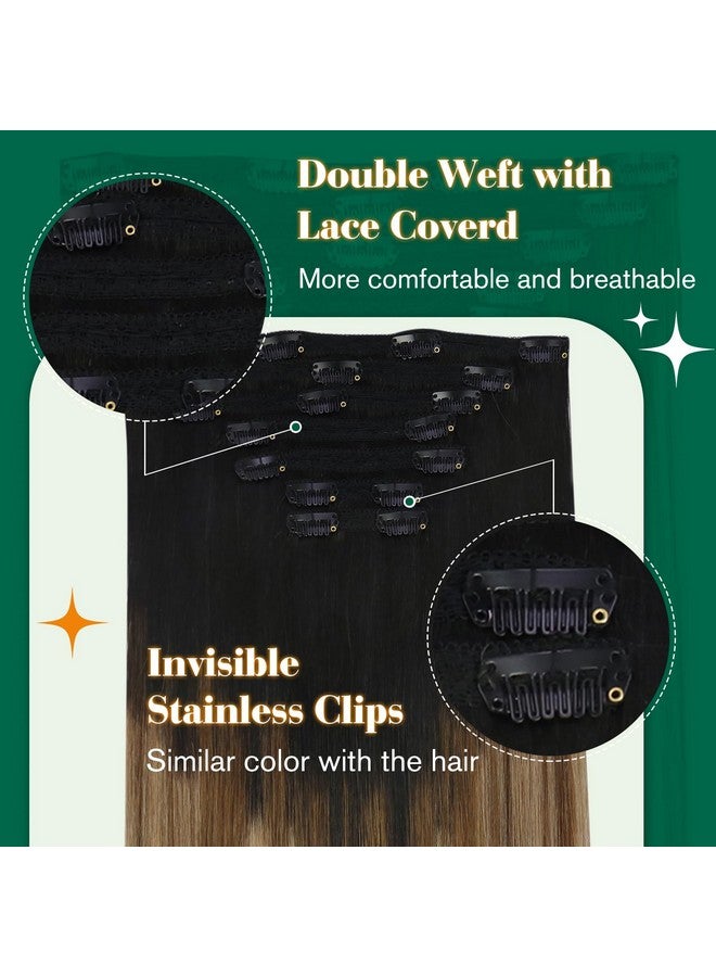 Easyouth 18 Inch Clip In Extensions Human Hair Natural Straight Clip In Extensions Ombre Black Fading To Brown With Caramel Blonde Balayage Clip In Real Human Hair Extensions 120G/7Pcs - Image 2