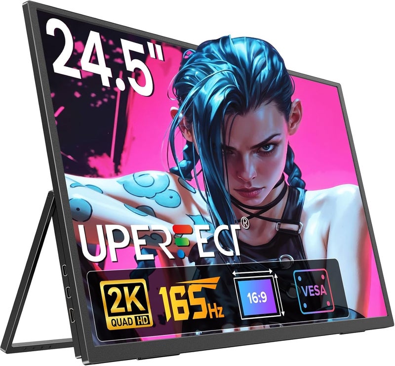 UPERFECT 24.5" 2K 165Hz Portable Monitor w/VESA & 180°Adjustable Stand, 2560 * 1440 QHD FreeSync IPS HDR Large Gaming Display, USB-C HDMI Travel Second Monitor for Laptop Switch Phone - Image 1