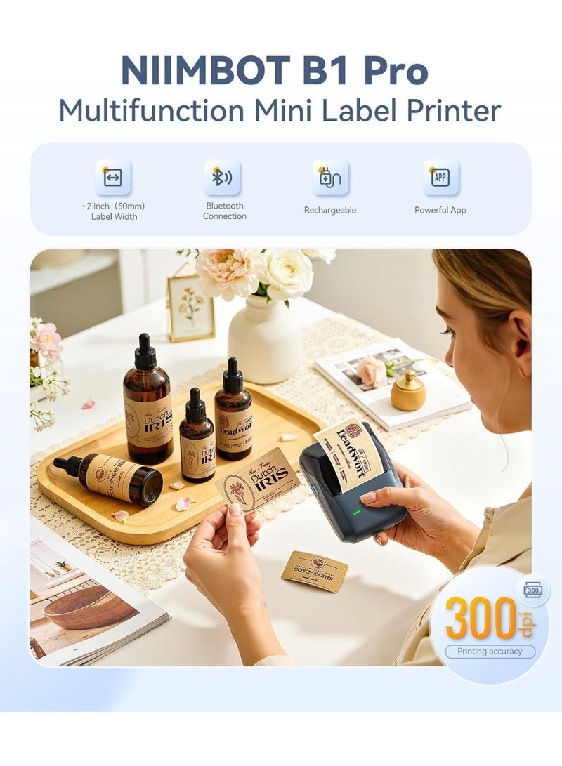 نيمبوت آلة صنع الملصقات NIIMBOT B1 Pro مع لفة ملصقات واحدة، طابعة ملصقات حرارية عالية الدقة 300DPI بتقنية البلوتوث لتنظيم المنزل والمكتب والمشاريع الصغيرة، مناسبة للأعمال اليدوية ودفاتر القصاصات والصور والمذكرات، باللون الأزرق - Image 3