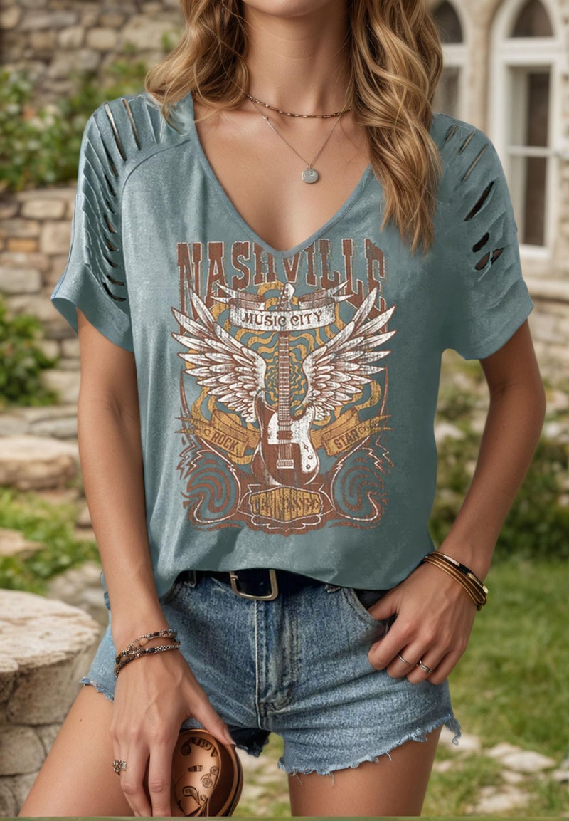 Yuaelria Rock Band T-Shirt for Women V-Neck Country Music Short Sleeved Shirt Retro Nashville Guitar Graphic Hollowed Tee Tops (Large,B-Green) - Image 2