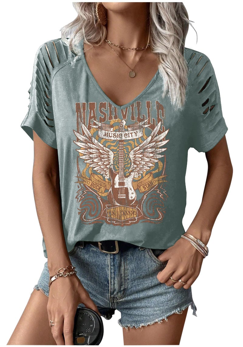 Yuaelria Rock Band T-Shirt for Women V-Neck Country Music Short Sleeved Shirt Retro Nashville Guitar Graphic Hollowed Tee Tops (Large,B-Green) - Image 1
