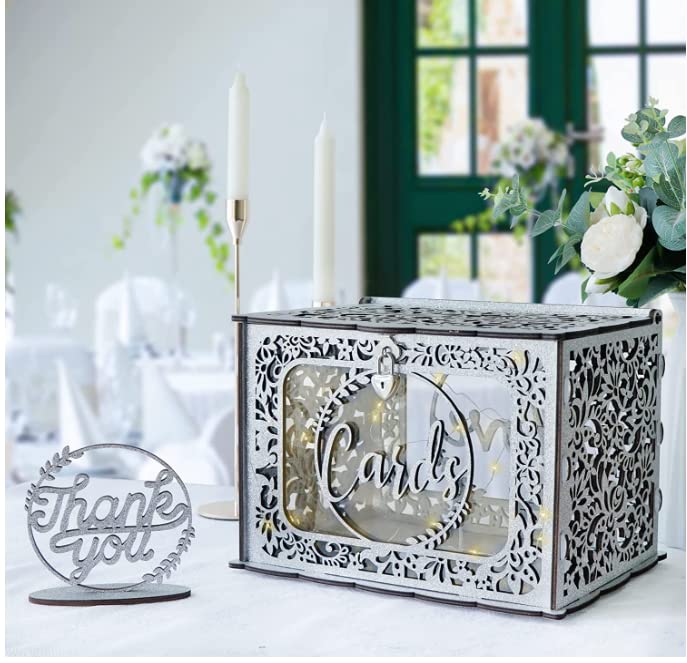 OurWarm Silver Wedding Card Box for Wedding Reception, Wood Card Boxes with Light, Gift Card Box Money Holder with Lock for Reception Anniversary Shower Rustic Wedding Decorations Birthday Graduation - Image 1