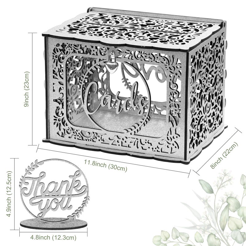 OurWarm Silver Wedding Card Box for Wedding Reception, Wood Card Boxes with Light, Gift Card Box Money Holder with Lock for Reception Anniversary Shower Rustic Wedding Decorations Birthday Graduation - Image 2