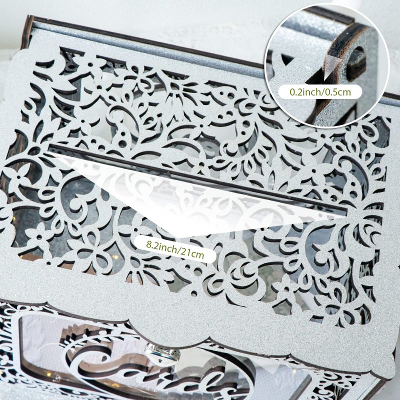 OurWarm Silver Wedding Card Box for Wedding Reception, Wood Card Boxes with Light, Gift Card Box Money Holder with Lock for Reception Anniversary Shower Rustic Wedding Decorations Birthday Graduation - Image 5