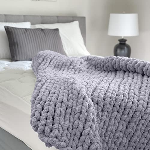 Adyrescia Chunky Knit Blanket Throw | 100% Hand Knit with Jumbo Chenille Yarn (40"x50", Lilac Gray) - Image 2