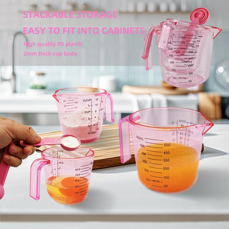 BOEYAA Pink Plastic Measuring cup Measuring spoon Set: 3 Stackable Liquid Measuring Cups 150/300/600ml and 5 Spoons 1.25-15ml, Used to Create Pink Kitchen Themes, Baking, Cooking - Image 4
