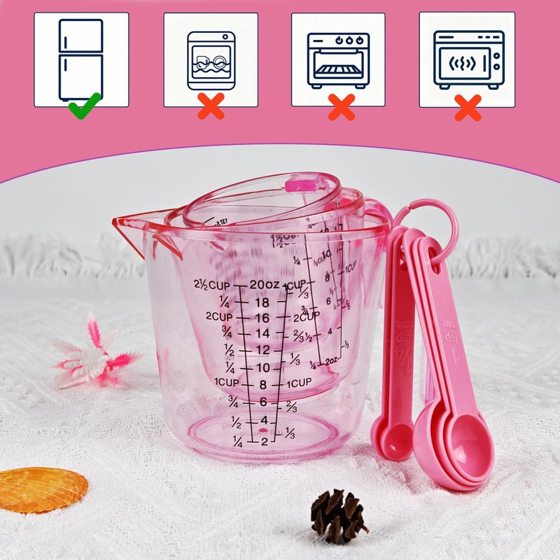 BOEYAA Pink Plastic Measuring cup Measuring spoon Set: 3 Stackable Liquid Measuring Cups 150/300/600ml and 5 Spoons 1.25-15ml, Used to Create Pink Kitchen Themes, Baking, Cooking - Image 5