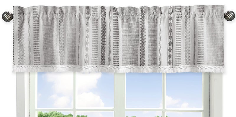 Sweet Jojo Designs Sweet Jojo Designs Grey Boho Tribal Bohemian Window Treatment Valance  Jacquard Aztec Gender Neutral Modern Geometric Stripes Gray Off White Ivory Textured Tufted Fringe Boho Chic Farmhouse Luxury 