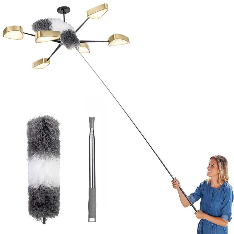 GIOUIEE Microfiber Feather Duster with 100 Extension Pole Washable Bendable Head Cobweb Duster for Cleaning High Ceiling Ceiling Fan Blinds Furniture Keyboard Cars