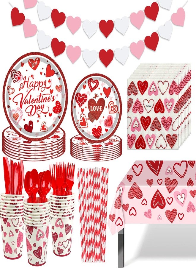 LAIAMER Valentines Day Party Supplies Set for 24, Valentines Day Plates and Napkins Valentines Tablecloth Cups Valentines Day Disposable Dinnerware for Valentine's Day Party Decorations - Image 1